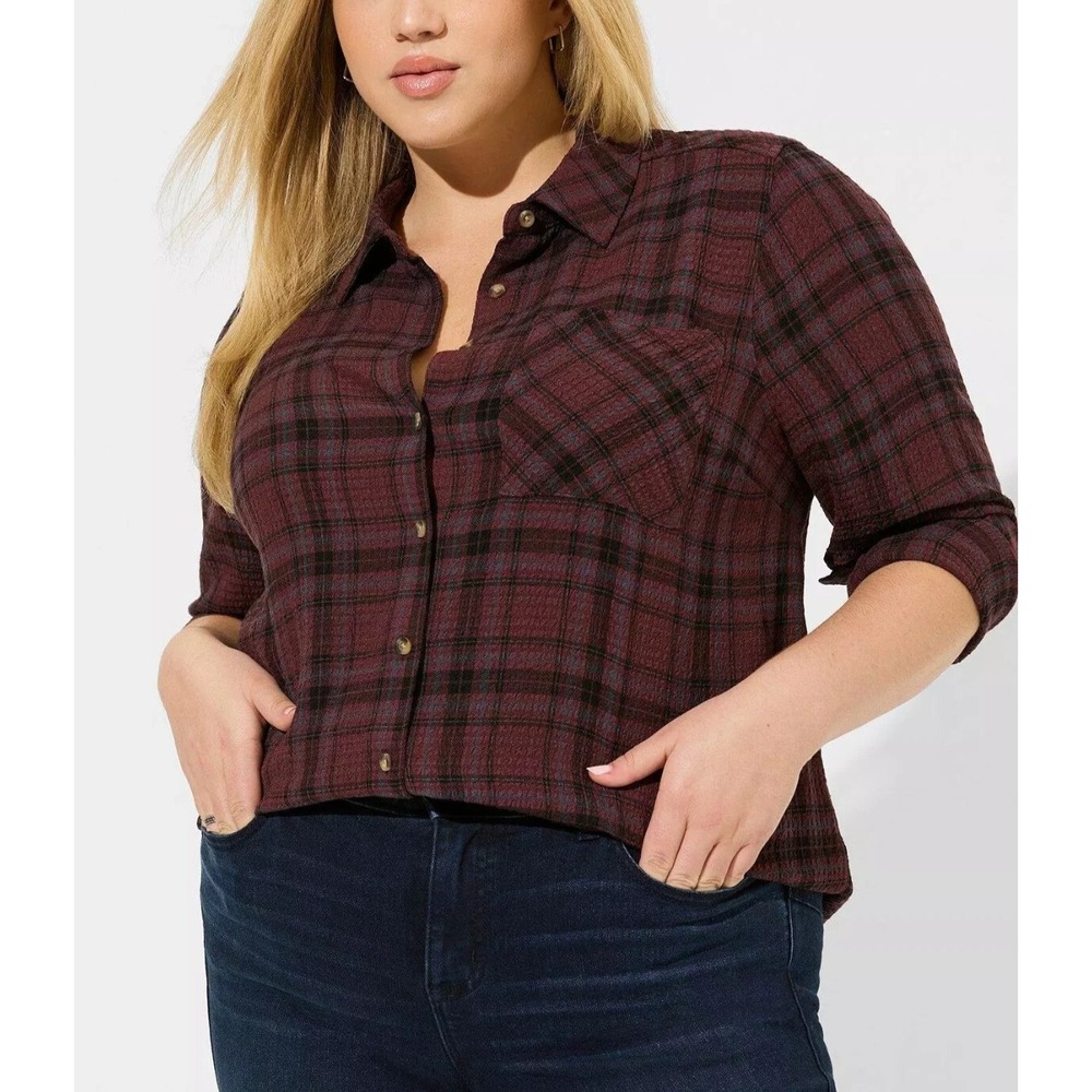 Torrid Lizzie Crinkle Flannel Gauze Button Up Tunic Red Plaid Plus Size 3 3X - Picture 3 of 11
